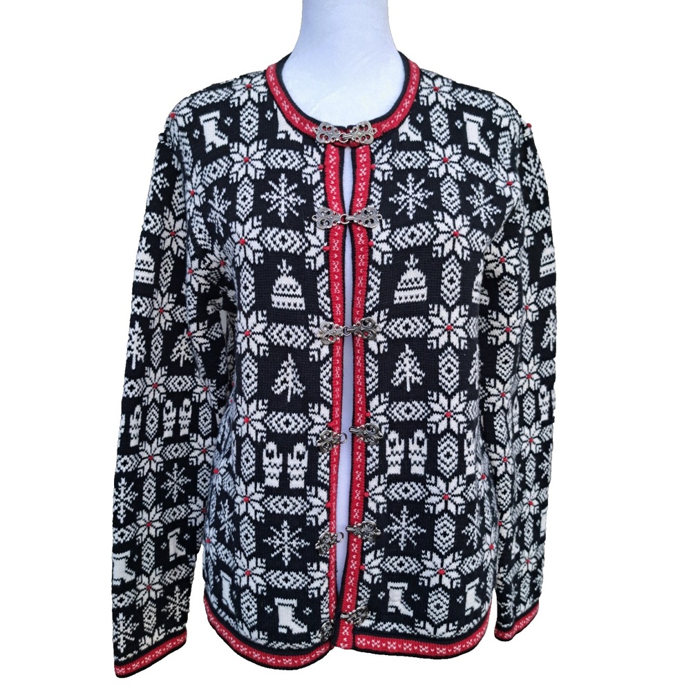 Talbots Christmas Cardigan Sweater M Women's Knit Nordic Snowflake Clasp Jacket